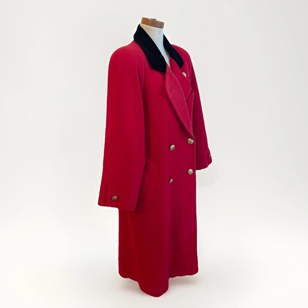 Vintage 80s London Fog Red Wool Long Coat Black Velvet Collar Gold Button 10 P - Picture 4 of 9